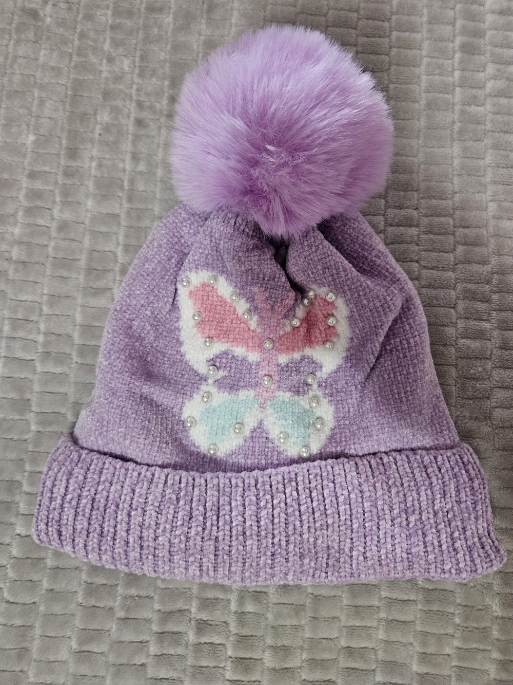 Kids Lavender Pom Beanie Hat with Butterfly Accent